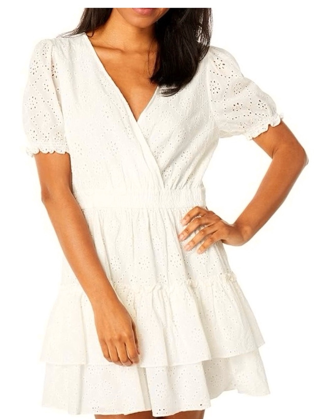 Wayf White Eyelet Wrap Tiered Mini Dress